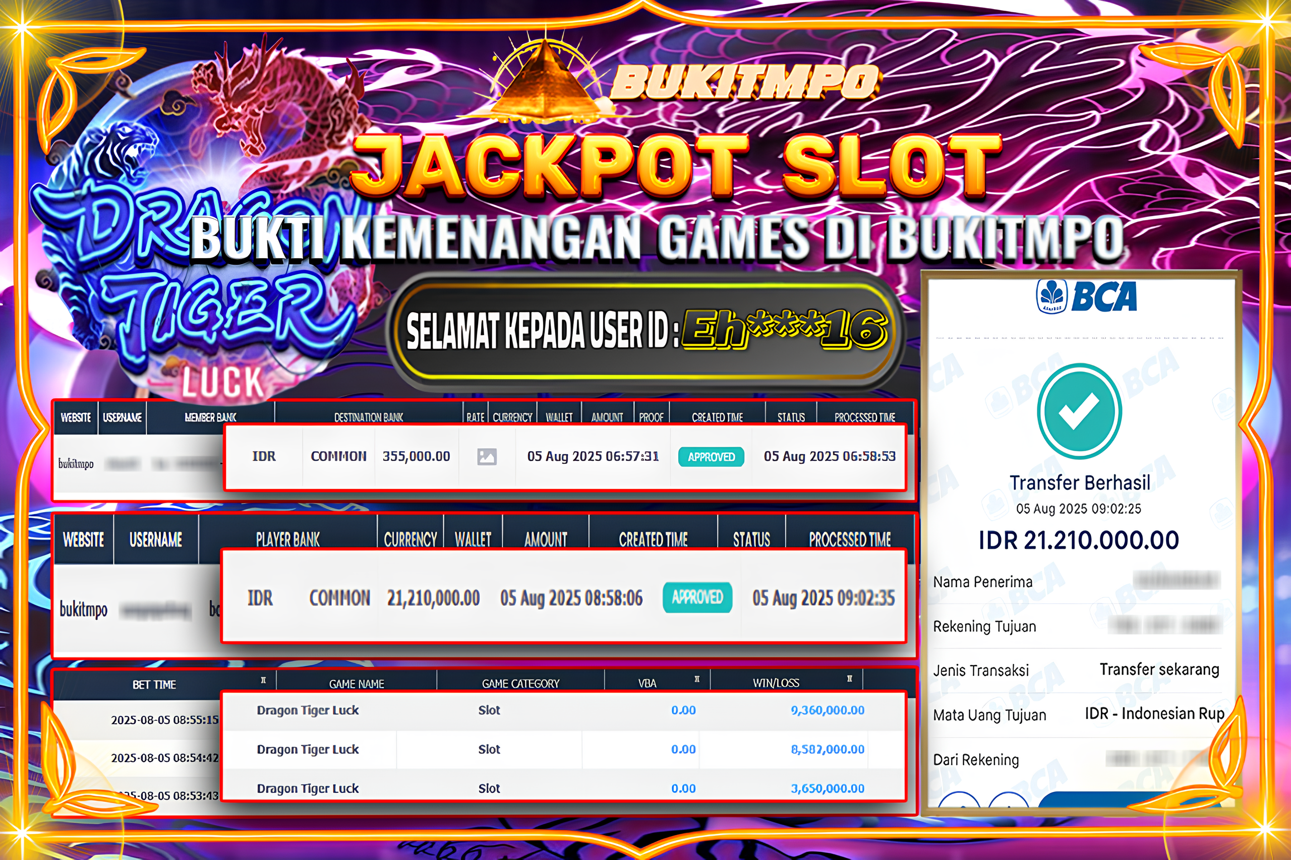 BUKITMPO JACKPOT DRAGON TIGER LUCK Rp.21.210.000,- LUNAS